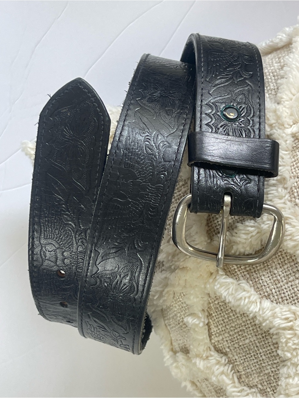 Black Tooled Cowhide Black Embossed Eagle Belt 38